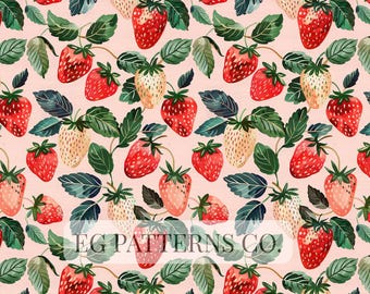 Strawberry Seamless Pattern – Cottagecore Red and Cream Strawberries Floral Summer Fabric Print for Wallpaper, Scrapbook and Kitchen Decor