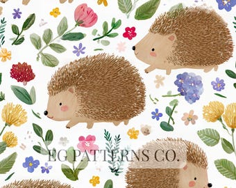 Woodland Hedgehog Seamless Pattern for Baby Nursery – Cute Forest Animals Floral Fabric, Woodland for Kids Room Decor | Commercial Use