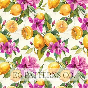 Könnte beinhalten: Aquarellmuster mit Zitronen, rosa Blüten und grünen Blättern. Das Design umfasst ganze und geschnittene Zitronen, mit dem Text "EG PATTERNS CO." unten. Das Muster befindet sich auf einem cremefarbenen Hintergrund.