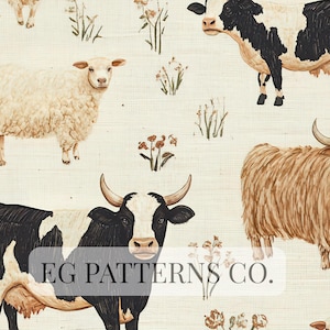 Pode incluir: Padrão aquarela repetido com ovelhas, vacas e gado das Terras Altas. Os animais são retratados em preto, branco e castanho, com detalhes florais em um fundo creme. O texto "EG PATTERNS CO." é visível.