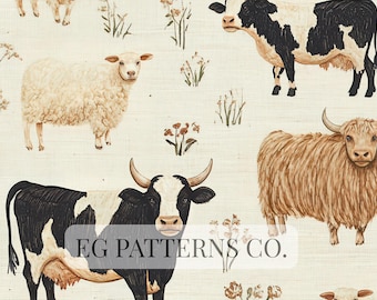 Country Ranch Farm Animal Seamless Pattern, Western Rustic Digital Design | Rustic Country Cow and Sheep Digital Paper
