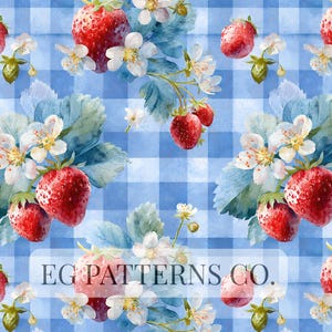 Pode incluir: Padrão em aquarela com morangos vermelhos, flores brancas e folhas verde-azuladas sobre um fundo xadrez azul e branco. O texto "EG PATTERNS CO." é visível. Ideal para tecido, papel de parede ou arte digital.