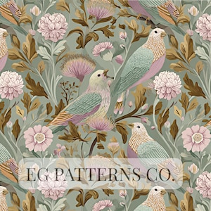 Può includere: Motivo ripetuto con uccelli, fiori e fogliame nei toni del verde, rosa e marrone. Gli uccelli hanno teste bianche, ali verde acqua e accenti rosa. I fiori sono rosa e bianchi e le foglie sono marroni e dorate. Il testo "EG PATTERNS CO." è in basso.