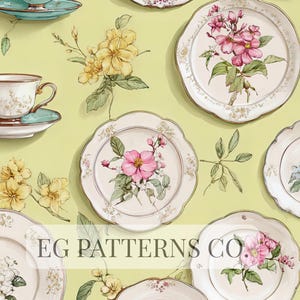 Vintage Floral Tea Set Seamless Pattern, Spring Shabby Chic Dinnerware Wallpaper for Fabric, Cottage Kitchen Decor & Digital Paper