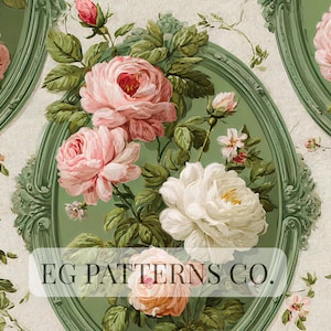 May include: Floral pattern featuring pink and white roses, green leaves, and small white flowers. The roses are set within a green oval frame on a cream background. The text "EG PATTERNS CO." is displayed at the bottom.