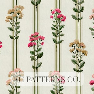 Pode incluir: Padrão floral repetido com listras verdes verticais e flores estilizadas em tons de rosa, pêssego e bege. As flores são dispostas sobre um fundo creme. O texto "EG PATTERNS CO." é visível.