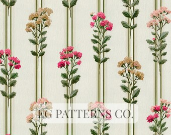 Vintage Botanical Floral Stripe Seamless Pattern, Cottage Garden Flower Fabric, English Country Floral Wallpaper, Romantic Floral Repeat