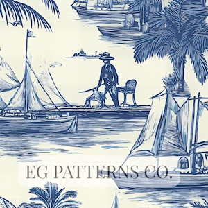 Pode incluir: Um padrão toile de Jouy azul e branco com veleiros, palmeiras e figuras num cais. O design inclui o texto "EG PATTERNS CO." numa fonte serifada. O tema geral é náutico e tropical.