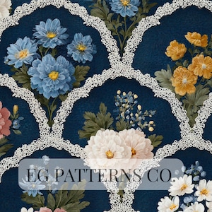 Pode incluir: Padrão floral com fundo azul escuro e bordas brancas em forma de renda. O design inclui várias flores em tons de azul, amarelo, rosa e branco. O texto "EG PATTERNS CO." é visível na parte inferior.