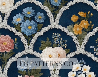 Dark Blue Scallop Floral Seamless Pattern, Elegant Heritage Garden Wallpaper, Classic Cottage Tile Fabric Design | Indigo Scalloped Pattern