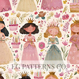 Pode incluir: Uma ilustração fantasiosa com princesas em vestidos ornamentados e coroas douradas, rodeadas por elementos florais e bolos de aniversário. As princesas têm vários tons de pele e penteados, criando um padrão encantador. Inclui o texto "EG PATTERNS CO."