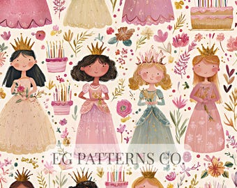 Cute Princess Birthday Party Seamless Pattern with Little Princesses, Cakes and Crowns – Kids Celebration Print - Girl's Party Theme