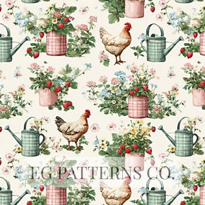 Pode incluir: Padrão repetitivo com ilustrações em aquarela de galinhas, regadores e vasos de flores cheios de morangos e flores. O fundo é creme, criando uma estética charmosa de fazenda.