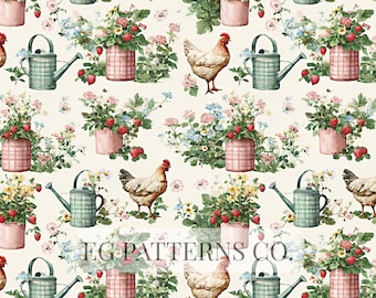 Vintage Strawberry Garden Farmhouse Pattern with Chickens, Watering Cans and Cottage Flowers