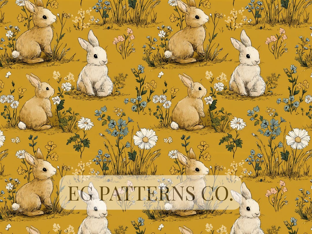 Vintage Rabbit Pattern Easter Bunny Seamless Pattern | Vintage Rabbit Illustration on Mustard ...