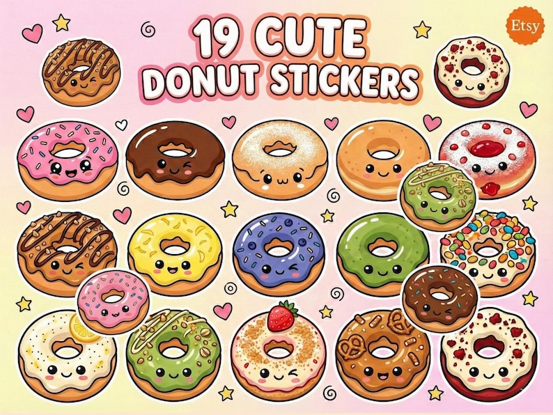 Kawaii Donut Stickers, Food Planner Decals (PNG, Digital Download, 19pc ...