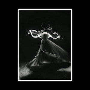 May include: A charcoal drawing of a person in a flowing dress, arms outstretched, holding a glowing white ribbon. The figure is set against a dark background, with light highlighting the dress and ribbon.