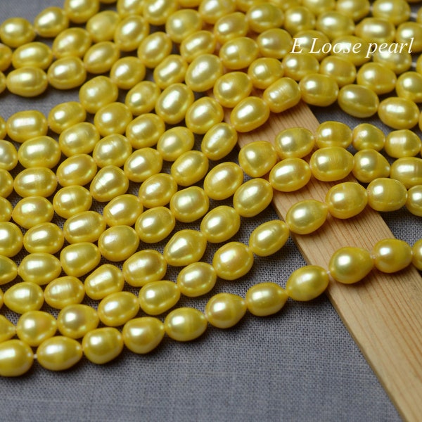 Perla di riso 7-8mm X 9-10mm Pelle di perle d'acqua dolce Perla con foro grande Collana di perle sfuse autentiche perline Matrimonio Giallo Filo completo PL6297