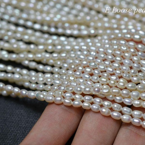 Véritables graines de prarl 3,5-3,8 mm X 5-5,7 mm Perle de riz Perle d'eau douce Perles en vrac Collier de perles de riz blanc, brin complet PL6233