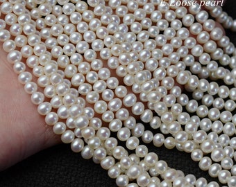 Perla redonda de patata Perlas de agua dulce 5-5.3mm perla de cuero Agujero grande Perlas sueltas al por mayor 80pcs Natural White Full Strand PL2541