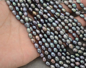 Rice pearl 5.5-6mm X 7-8mm freshwater pearl Large hole pearl leather pearl seed Loose pearl necklace 50pcs Peacock Full Strand PL6299