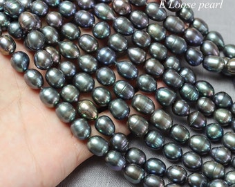 Rice pearl 9.5-10mm X 11.5-13mm freshwater pearl wholesale pearl leather pearl Large hole loose pearl bead Peacock Full Strand PL6316