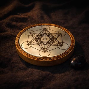 Può includere: Un sottobicchiere rotondo in legno con una superficie metallica con un disegno del Cubo di Metatron. Il sottobicchiere ha un bordo decorativo e poggia su un tessuto scuro e strutturato. Accanto c'è una piccola pietra nera.