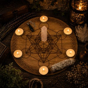 Op de afbeelding: Een rond houten altaarbord met een lasergegraveerd ontwerp van de kubus van Metatron, omringd door zes brandende theelichtjes. Een heldere kwartskristallen punt staat in het midden, vergezeld door een zwarte pendel en een bundel salie.