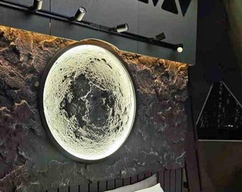 Grote maanwandlamp, met de hand gesneden gipsen maandecor, USB-licht, zonsondergang, oceaan, aurora, vuurgloed ... Decor slaapkamer en woonkamer