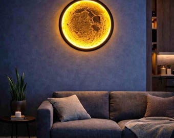 Large Moon Wall Lamp, Hand-Carved Plaster Lunar Decor, USB Powered Light, Sunset, Ocean, Aurora, Firelight ... Bedroom & Living Room Decor