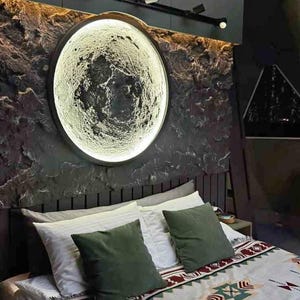 Large Moon Wall Lamp – Hand Carved Plaster Lunar Home Decor, Realistic Light with RGB LED, 16 Colors and Moods, Remote Control and App
