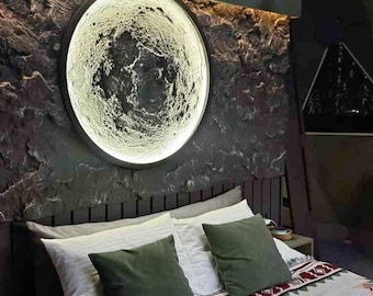 Large Moon Wall Lamp – Hand Carved Plaster Lunar Home Decor, Realistic Light with RGB LED, 16 Colors and Moods, Remote Control and App