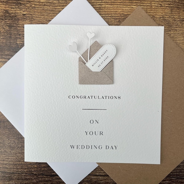Personalised Wedding Card: Paper Envelope Hearts, Bride Groom Names, Date (White Textured Card)