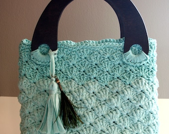 Crochet Bag, Handmade Crochet Handbag, Light Blue Crochet Bag, Wooden Handles Crochet Bag