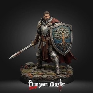 May include: A miniature figurine of a warrior in silver plate armor with a red cape, holding a sword and a shield featuring a gold tree emblem. The figure stands on a rocky base with the text Dungeon Master Shop printed in white at the bottom.