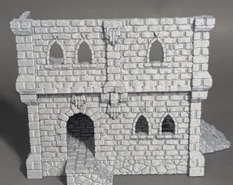 Terreno de juego de guerra de 28 mm con edificios medievales en ruinas, escenografía de fantasía para juegos de mesa de guerra, D&D y juegos de rol.