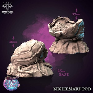 May include: Two Nightmare Pod miniature figures with organic, textured surfaces. One pod is closed, measuring 38mm in height, while the other is open, measuring 39mm in height. Both sit on a 25mm base. The text Mammoth Factory and Astral Voyage is visible.
