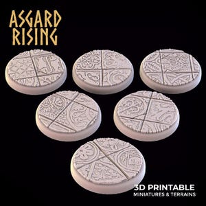 May include: Five light-colored, circular bases with intricate, carved designs. The bases are divided into quadrants, each featuring a unique pattern. The text "ASGARD RISING" is at the top, and "3D PRINTABLE MINIATURES & TERRAINS" is at the bottom.