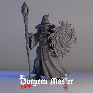 May include: A gray miniature figurine of a bearded wizard wearing a pointed hat and long robes. The figure holds a tall staff topped with a crystal in one hand and a swirling, circular magical energy effect in the other. Text reads Dungeon Master Shop.