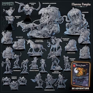 May include: A collection of grey miniature fantasy figures including a pumpkin carriage, unicorns, snails, and humanoid creatures. Labels identify them as Treeborn, Gourd-soul, Jackomobi, Stragovian Shadow-Horn, Neverwood Unicorn, and Momma Pumpka.