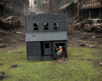 Edificio de gasolinera para el apocalipsis zombie – Escenografía postapocalíptica para juegos de guerra de 28 mm (sin pintar)