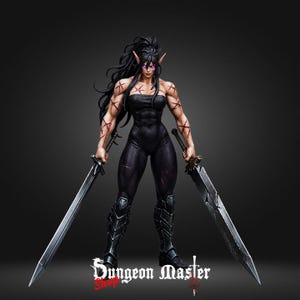 May include: A muscular elf figurine with long black hair and glowing purple eyes, wearing a black strapless bodysuit and dark greaves. The figure has red star-shaped scars on the chest and arms, holding two large silver swords. Text reads Dungeon Master Shop.