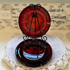 Vintage Arcoroc Ruby Red Glass Dessert Plates / Classique Pattern