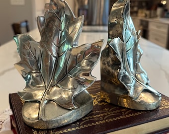 Philadelphia Manufacturing Company Silver Maple Leaf Bookends Vintage 1960s
