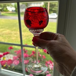 May include: A ruby red wine glass with a clear stem and base. The bowl of the glass features a grape vine design in gold. The glass is held up in front of a window with a view of a green lawn and pink flowers.