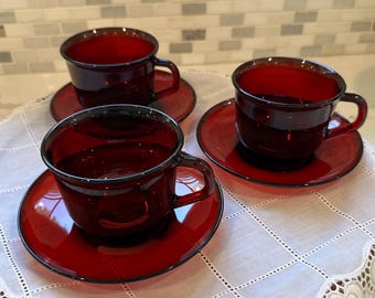 Vintage Arcoroc Ruby Red Glass Cups and Saucers/ Classique Pattern