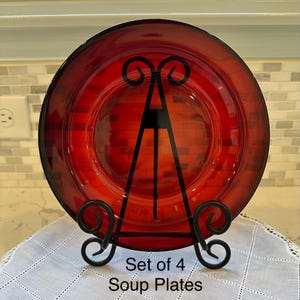 Vintage Arcoroc Ruby Red Glass Soup Plates, Set of 4 / Classique Pattern