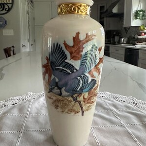Vintage Pickard China "Golden Melody" Blue Jay Vase / Mid-Century