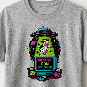 Error 404 Cow Not Found graphic T-Shirt | UFO Abduction, Retro Computer Aesthetic
