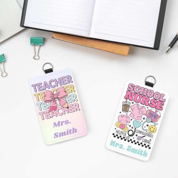 Personalized Teacher PU Leather ID Badge Holder, Vertical ID Card Case, Work Essentials Accessory